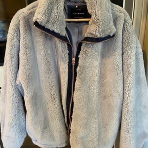 Lucky Brand Gray/light blue Faux Fur Rose Gold Zipper Jacket Large Womens